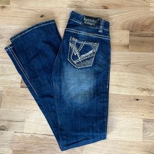 Women’s Rock & Roll Cowgirl dark wash bootcut jeans. 28x36